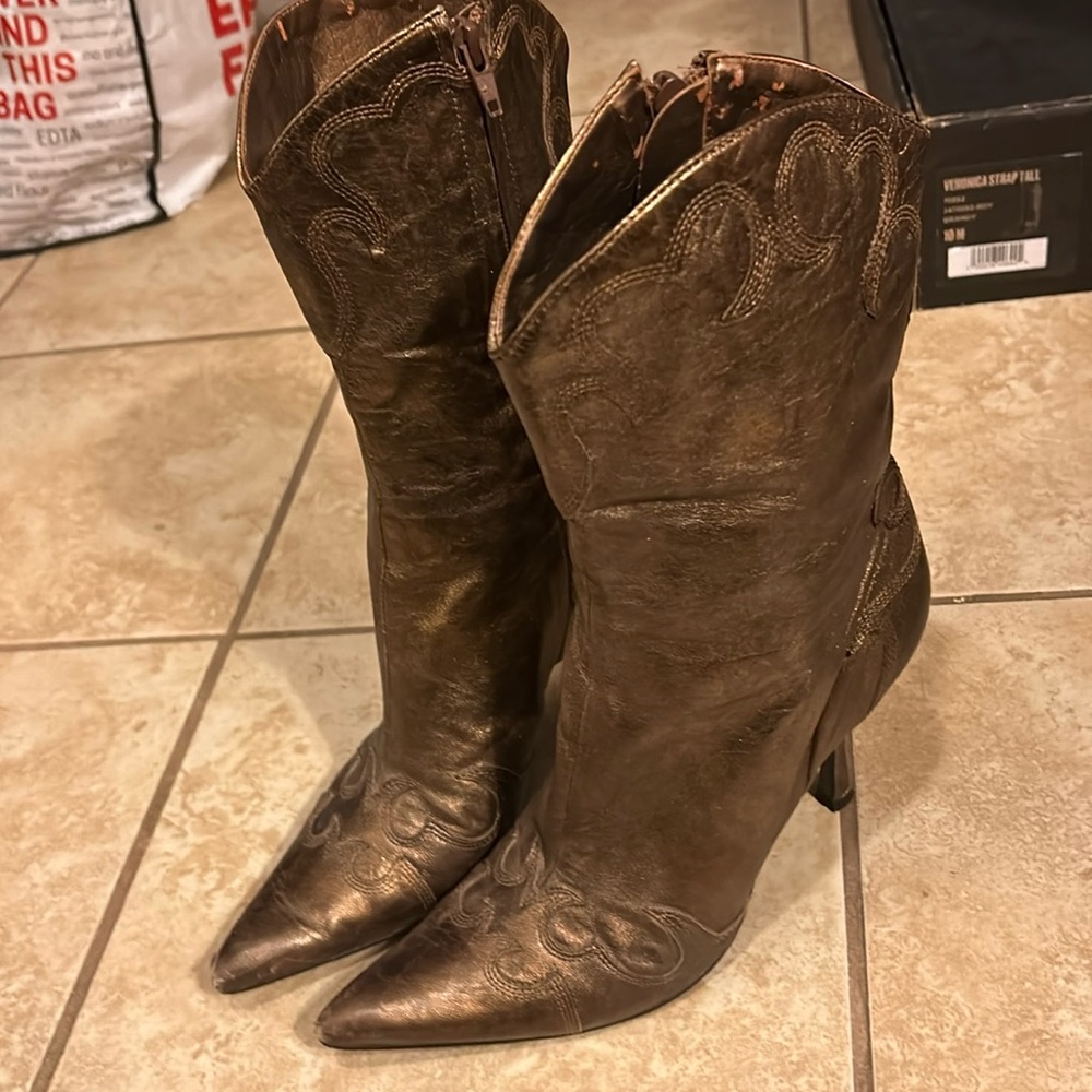 BCBGirls Metallic Brown Pointed-Toe Western Heeled Boots